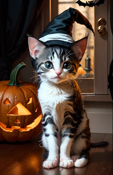 Black and white kitten with black eye. Hes wearing a witchs hat. Halloween-themed interior around, and a pumpkin next to it