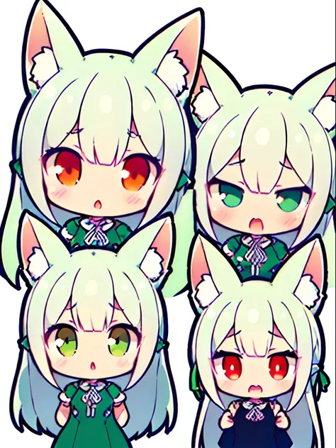 1girll, (chibi:1.3),(s whole body:1.5), ((Blank white background:1.5)) looking up at viewer, blushing, sadness, :( and, Open your mouth (Green one piece dress:1.2), ((white haired)), long hair, ((red pupil)), fox ears, fox tail, (A very large Green white r...