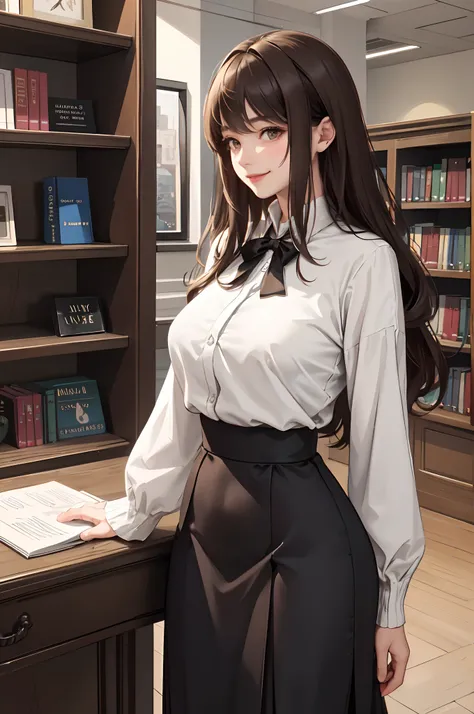 1lady solo, cardigan /(high-waist long skirt/), mature female, /(brown hair/) bangs, kind smile, (masterpiece best quality:1.3) delicate illustration ultra-detailed, large breasts BREAK /(public library/) indoors, bookshelves