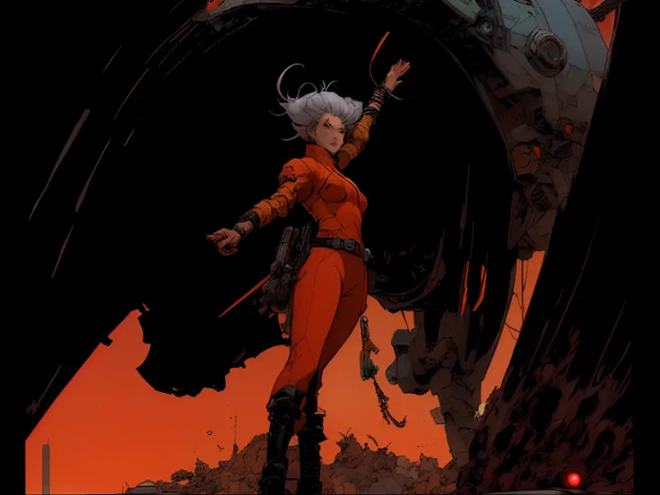 anime style illustration of a woman standing in front of a giant robot, the incal, by Chris Moore, frank quitely, moebius and kilian eng, cyborg - girl with silver hair, inspired by Chris Moore, josan gonzales, retro futuristic comics, inspired by Josan Go...