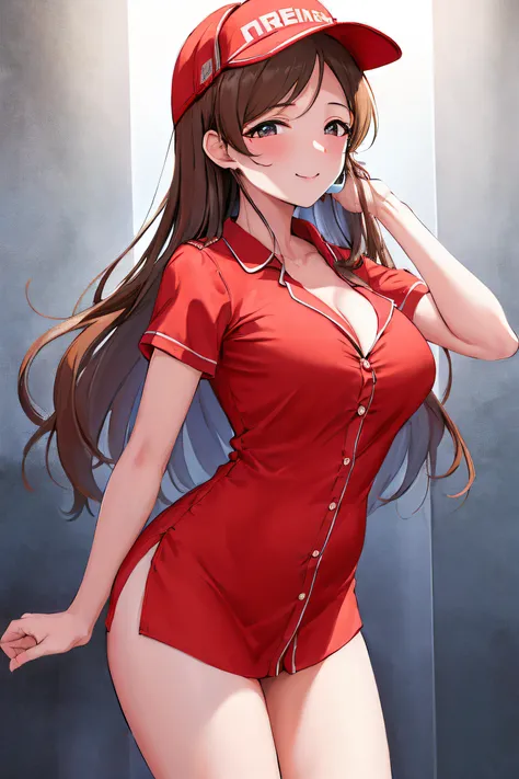 masterpiece, best quality, highres, aanitta, long hair, visor cap, headset, medium breasts, cleavage, pajamas, red shirt, dress ...