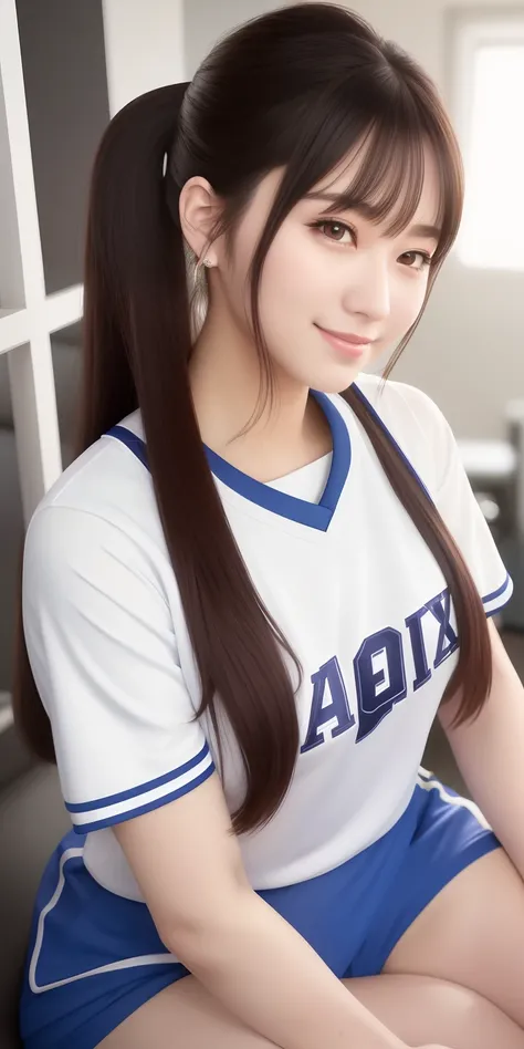 Beautiful medium hair，poneyTail，Basketball Uniforms，1girl in，Live action，smiling at the viewer，A perfect woman，Best Quality，Uniform appearance，The location，Gymnasium，Korea person，Beautuful Women，front facing