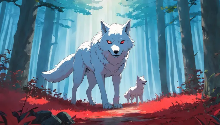 Best quality, masterpiece, ultra-high resolution, Super Enormous and Ferocious Monster Wolf (White Wolf), Hidden in thick fog, 2D Anime style, terrifying atmosphere, bloody red eyes, forest in the background, blood-covered ground, 8k, a cinematic scene, fr...