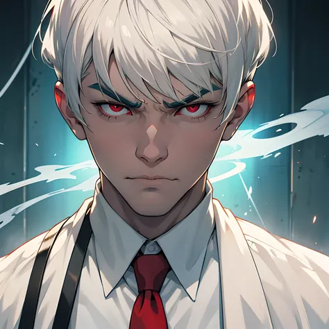 Young albino man with gray hair, long bowl cut haircut, with thick white eyebrows, with long white eyelashes, angry expression, with red eyes, with bangs long enough to cover eyes, wearing green shirt and white tie and blue jacket