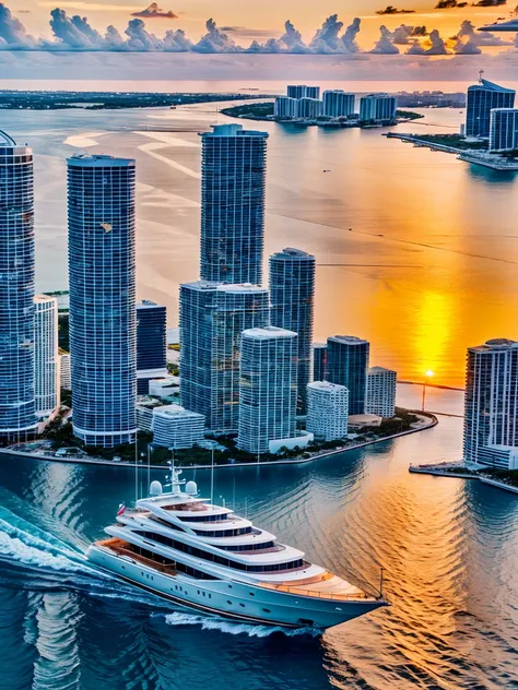 A luxury yacht in the city of Miami on the sea at sunset with high quality accuracy