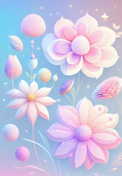 "Various flowers, cartoon illustration, sky in a gradient of pastel colors with twinkling stars. Immerse yourself in a mystical world full of magical elements (weighted at 0.9)."