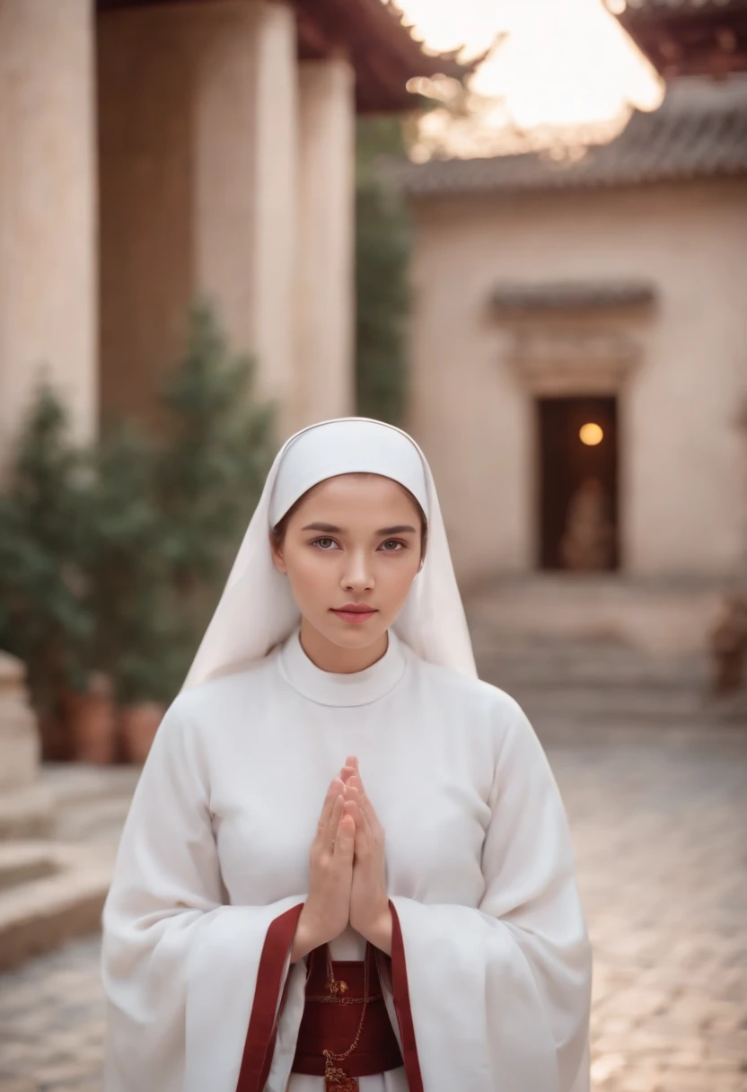 A girl with a cute face. ,nun,Beautiful fluffy light,The backdrop is a temple courtyard.