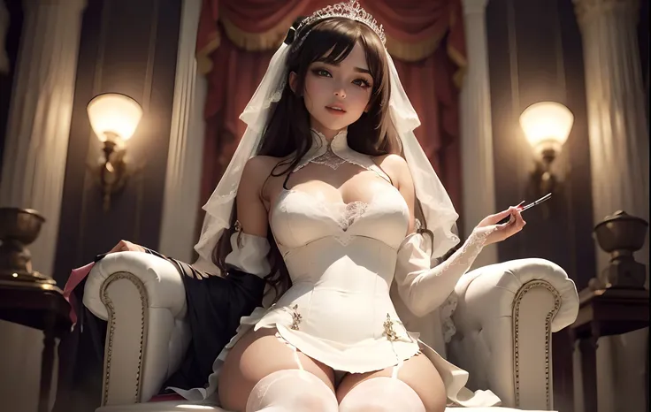 The sexy maid kneels in front of the protagonist princess and strokes the hem of the skirt，Wear both maid outfits and stockings in the background, The protagonist is a noble young princess sitting on a throne wearing a bridal wedding lace dress and stockin...