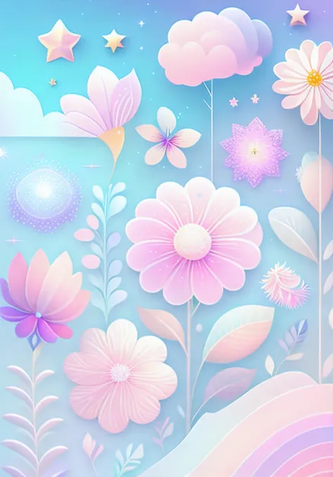 "Various flowers, cartoon illustration, sky in a gradient of pastel colors with twinkling stars. Immerse yourself in a mystical world full of magical elements (weighted at 0.9)."