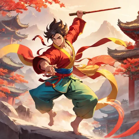 A muscle, Powerful monkey Qi Tian Daisheng in dynamic flight pose, With a confident and determined expression on his face. His signature red and yellow costumes are very detailed, Displays the texture and contour of the fabric. Bright colors of clothing, I...