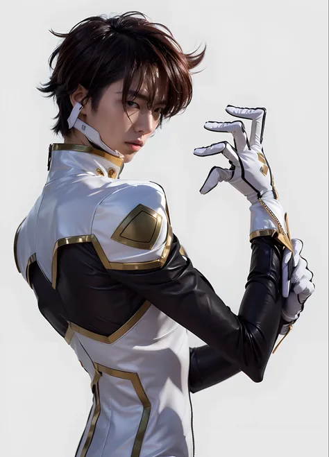 Japanese Male Character, Manly traits, cabelos castanhos, Comunicador cor no ouvido, White and black leather jumpsuit with gold accents, Wearing white gloves