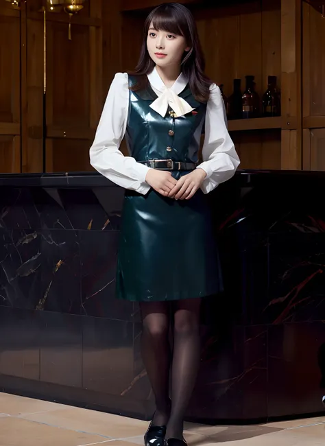 The skirt should be more shiny、The vest should be more shiny、legs only slightly shorter,、