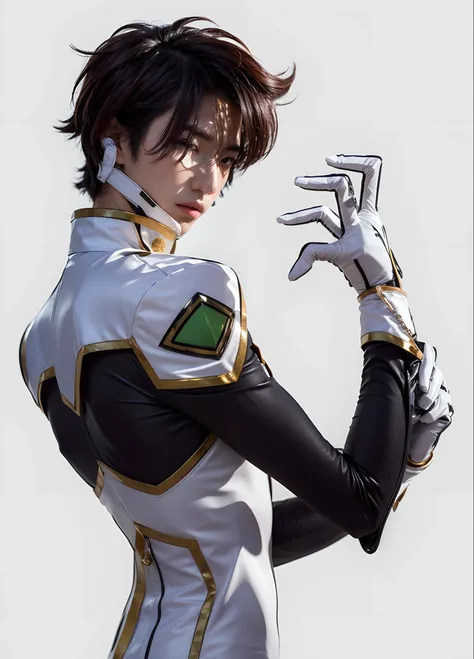 Japanese Male Character, Manly traits, cabelos castanhos, Comunicador cor no ouvido, White and black leather jumpsuit with gold accents, Wearing white gloves