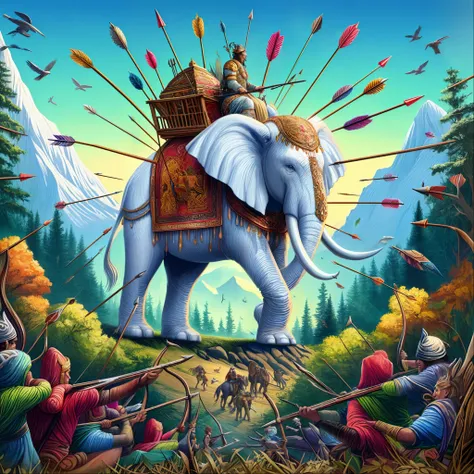 painting of a man riding an elephant with a bunch of arrows, an enormous elephant king, symmetrical epic fantasy art, epic full color illustration, epic surrealism 8k oil painting, by Jason Benjamin, by Kerembeyit, award - winning epic painting, epic fanta...