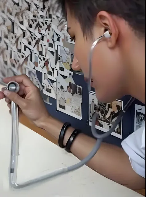 Boy using Stethoscope on wall