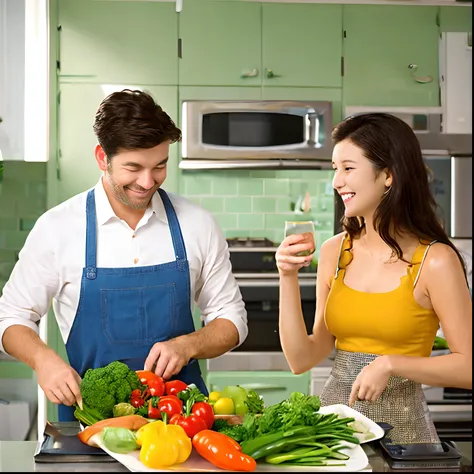 Man and woman in the kitchen, happy, vegetables on the table