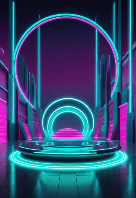 a futuristic scene with neon light,rounded,seapunk light,minimalist stage,detailed texture, turquoise and magenta