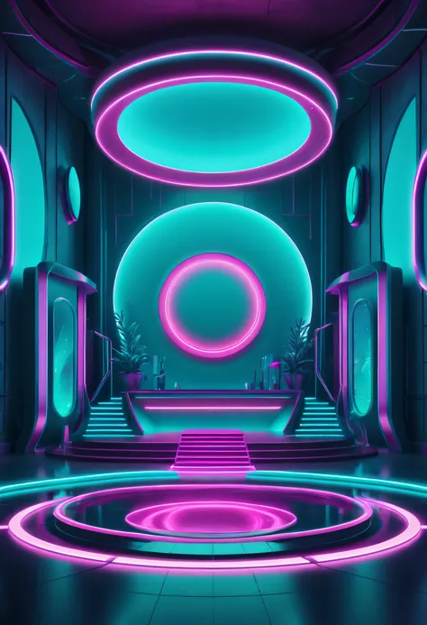 a futuristic scene with neon light,rounded,seapunk light,minimalist stage,detailed texture, turquoise and magenta