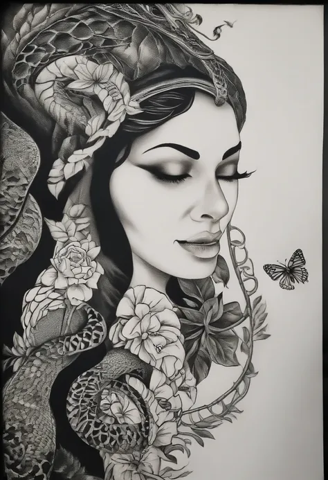 Black Color Tattoo Idea. Almost frightening dark shadows that are represented by a snake and a butterfly mixed together. By giving the image of several mixed feelings such as sadness, Abandonment and loneliness.