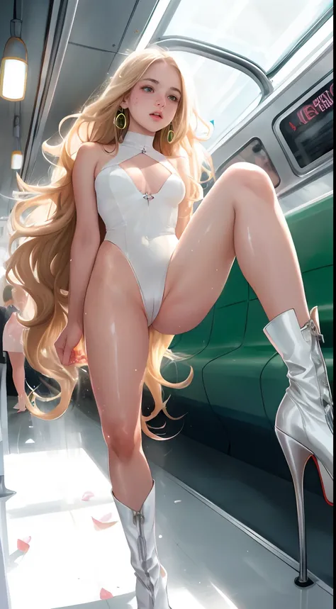 ((prepubescent)), Beautiful girl, freckles on her face, Light green eyes, Large earrings, high heels boots, full bodyesbian, Shot from below, Very light skin , Very long hair, Wavy hair , Blonde hair, Busy subway cars, Photorealistic, Indirect lighting, vo...