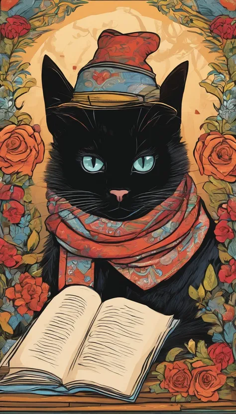 Portrait of a black cat in a hat and scarf, lying down and reading a book.