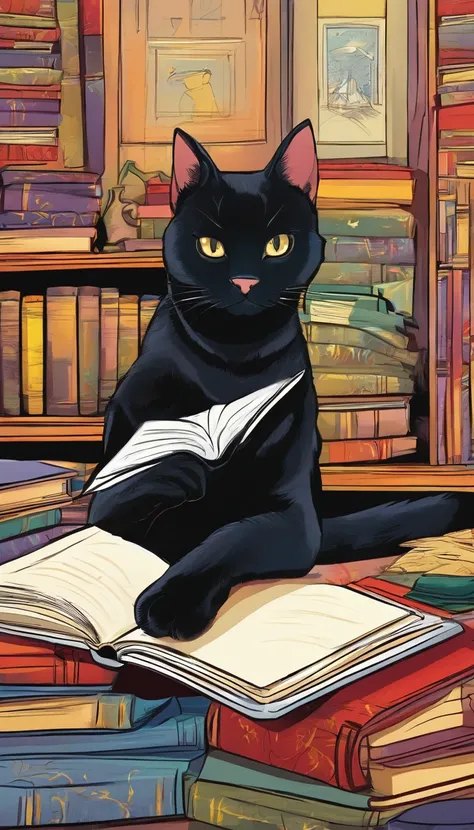 Portrait of a black cat in a hat and scarf, lying down and reading a book.