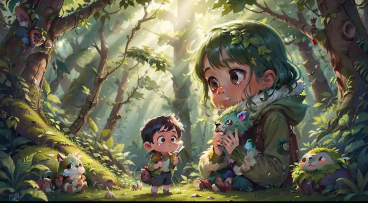 A child in the forest with animals, illustration, moss-covered trees, misty morning, best quality, highres, ultra-detailed, realistic, vibrant colors, soft lighting.