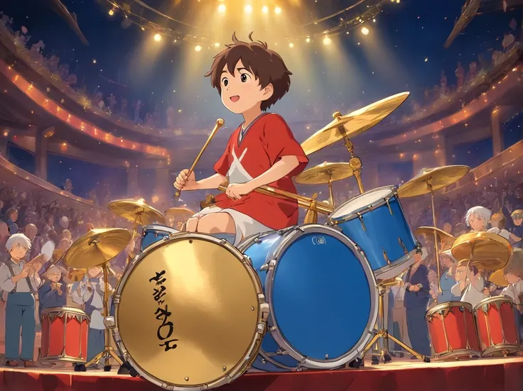 Music starts，Everyone banged the brass drum in unison，The brass drums on the stage emit a thick and powerful sound。The little boy and his friends played the brass drum happily，The stage is brightly lit。