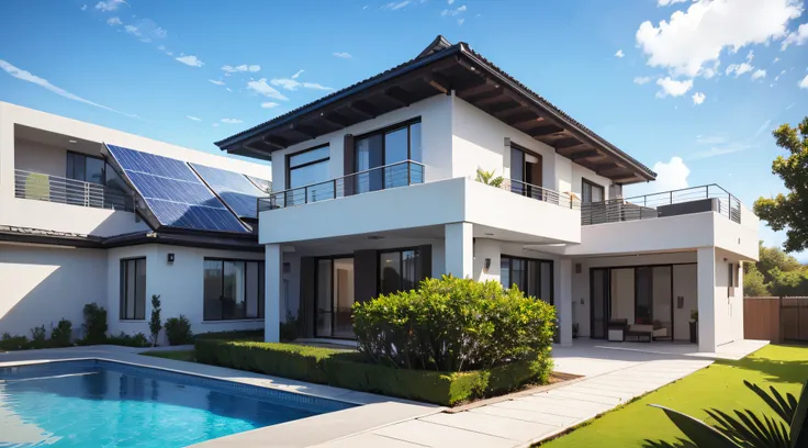 Exterior of beautiful modern house with solar panels on roof. Luxury villa with terrace and swimming pool