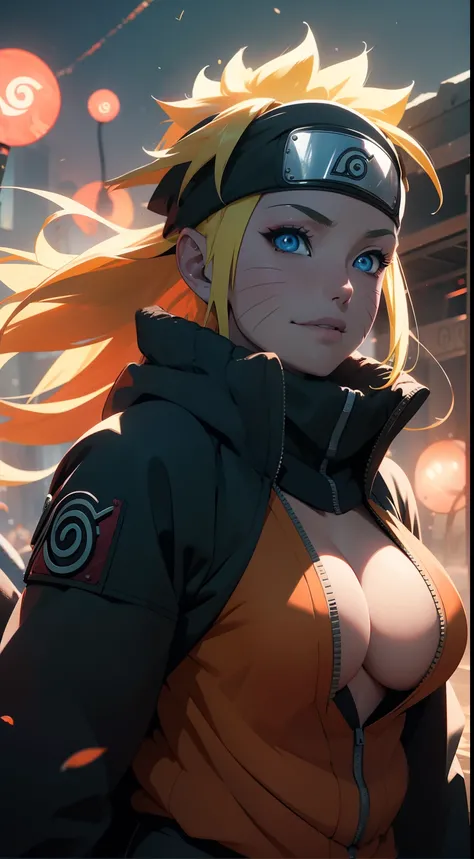 Naruto Uchiha Vortex is super realistic，detail-rich，one-girl，Large breasts，cleavage，Be red in the face，Yellow hair，best qualityer，tmasterpiece, Johnny Depp walks across the beach at night among fireflies，sharp fokus, contrasty lighting, Delicate skin, High...