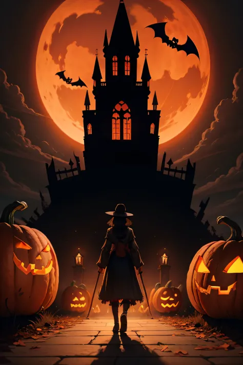 Halloween、pumpkins、zombie、sculls、gothic atmosphere、terrifying、terroral、bloods、ruins