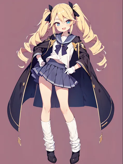 character sheet, Highly detailed and realistic CG, Colorful, Masterpiece, Best Quality, jewel-like eyes, 1girl, solo, blond hair, shiny hair, long twintails, drill hair, slender, skinny legs, white school uniform, layered skirt, luxury boots, amber eyes, f...