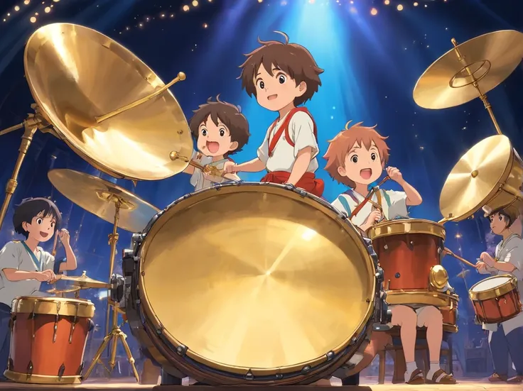 Music starts，Everyone banged the brass drum in unison，The brass drums on the stage emit a thick and powerful sound。The little boy and his friends played the brass drum happily，The stage is brightly lit。