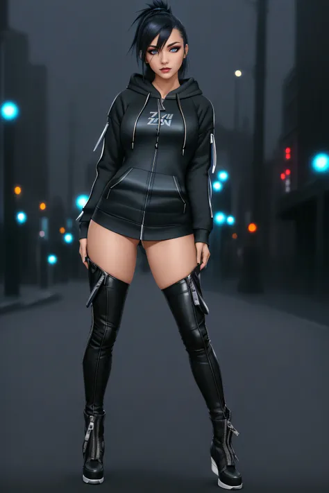 beautiful girl, ((standing:1.4)), (confident gaze:1.1), full body, short bright blue streaked black hair, ((realistic highly detailed eyes:1.4)), ((seductive pose:1.2)), black eyeshadow, (street style wear:1.2), ((hoodie zipped open:1.4)), ((tight fitted p...