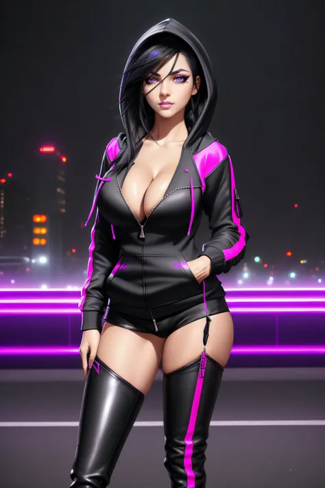 beautiful girl, ((standing:1.4)), (confident gaze:1.1), full body, short bright neon streaked black hair, ((realistic highly detailed eyes:1.4)), ((seductive pose:1.2)), black eyeshadow, (street style wear:1.2), ((hoodie open zip:1.4)), ((cleavage:1.4)),((...