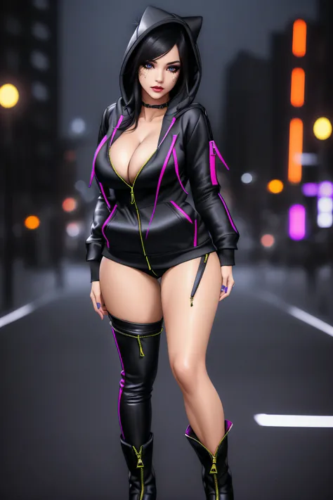 beautiful girl, ((standing:1.4)), (confident gaze:1.1), full body, short bright neon streaked black hair, ((realistic highly detailed eyes:1.4)), ((seductive pose:1.2)), black eyeshadow, (street style wear:1.2), ((hoodie open zip:1.4)), ((cleavage:1.4)),((...