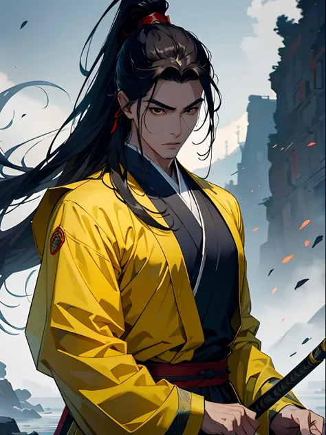 of a guy，Sectarian leaders，Yellow main color picture，wuxia-style clothing，The upper figure faces to the left，with a determined look in his eyes，Handsome assassin，Steady and temperamental，hair flowing，The background is an ancient landscape，Ultra-clear image...