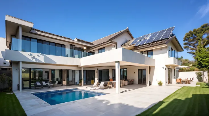 Exterior of beautiful modern house with solar panels on roof. Luxury villa with terrace and swimming pool