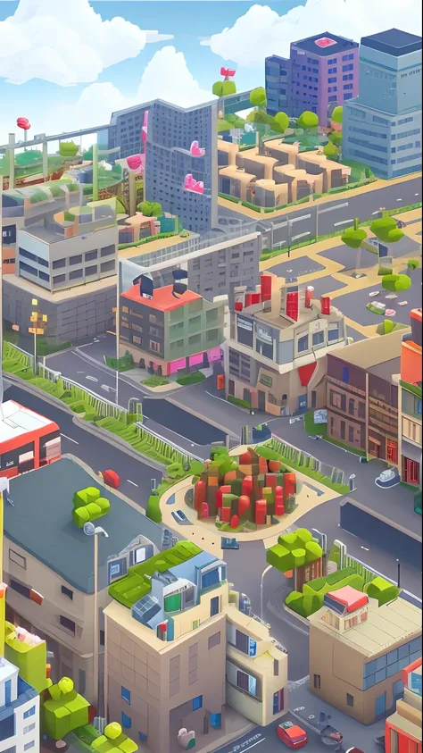 background image of the main interface of the game，cityscape with many buildings and red apples, life simulator game screenshot,...