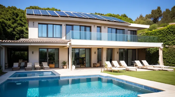 Exterior of beautiful modern house with solar panels on roof. Luxury villa with terrace and swimming pool