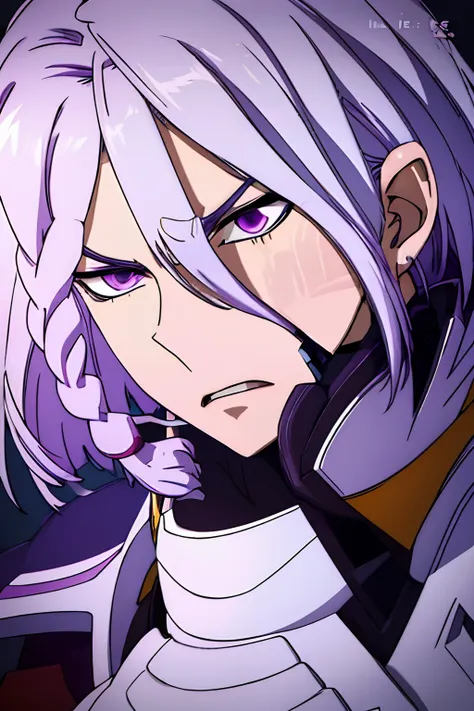 acely, valvrave the liberator, sharp purple eyes, lilac-gray hair, his left eye is obscured by his hair bangs, braided into bob ...