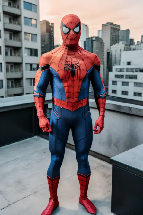 realistic, high detail, 8k, 1man, shot from above, vpl, 17 years old, spider-man costume, mask, muscular, slim muscular standing...