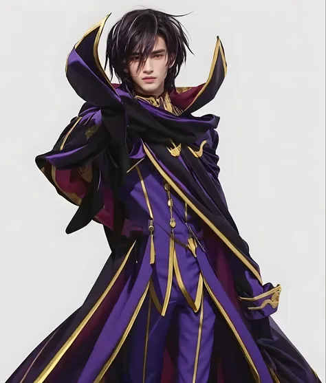 European male character with black hair, shirt and pants made of noble fabric in purple color with golden details, capa preta com detalhes dourados e interior vermelho, luvas pretas