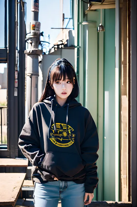 there is a woman standing in a room with a black hoodie, girl wearing hoodie, black haired girl wearing hoodie, captured on canon eos r 6, wearing jeans and a black hoodie, she is wearing streetwear, chiho, wearing an oversized hoodie, shot on canon eos r ...