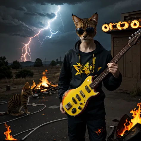 Funny cat with sunglasses, playing electric guitar, outdoors, euphoric, apocalyptic scenario, with fire, lightning