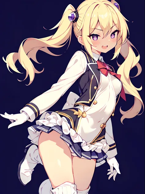 character sheet, Highly detailed and realistic CG, Colorful, Masterpiece, Best Quality, jewel-like eyes, 1girl, solo, blond hair, shiny hair, long twintails, drill hair, slender, skinny legs, white school uniform, layered skirt, luxury boots, violet eyes, ...