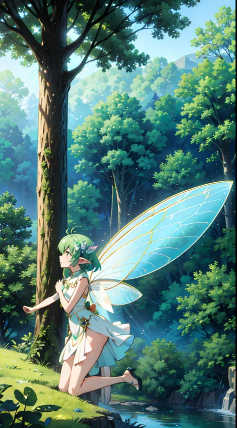 1 girl,solo,(floating and flying:1.2),(fairy_wings:1.6),(elf ears:1.3),(detached_wings:1.2),beautiful,(sparse forest),green hair,shining body,shining eyes,flying hair,visually stunning,beautiful,happy,rich facial expressions,(clear forest background),(in-f...