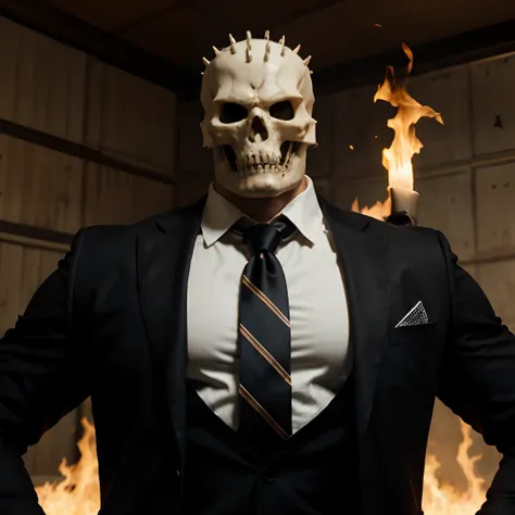 Ghost rider , muscled with huge pecs , hugge torso , huge arms , with a skull head like  with fire , in suit with a tie ans spikes