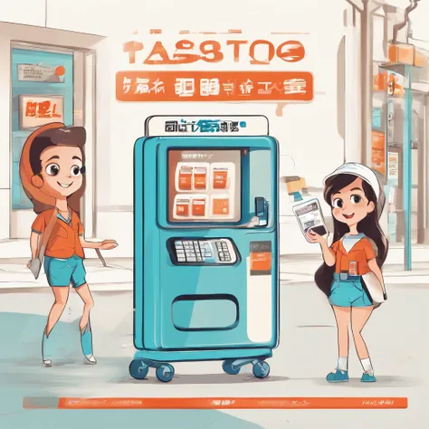 A white background, cute cartoon characters, one character holding a POS machine, dialogue bubble with the text "Fast exhibition industry, exhibition industry one step faster".