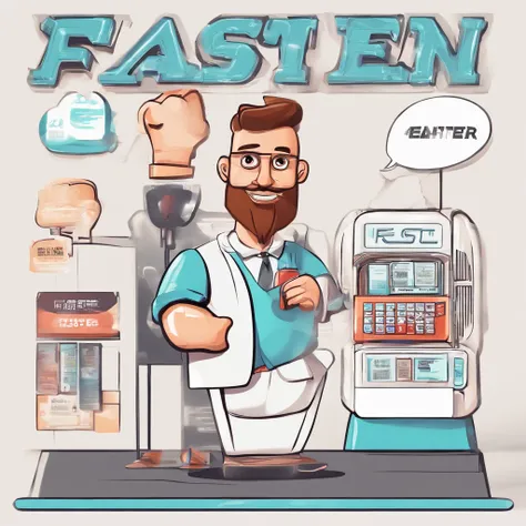 A white background, cute cartoon characters, one character holding a POS machine, dialogue bubble with the text "Fast exhibition industry, exhibition industry one step faster".